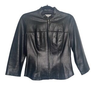 Brooks Brothers Leather‎ Jacket Black 3/4 Length Sleeve Womens Sz 4 Soft Leather